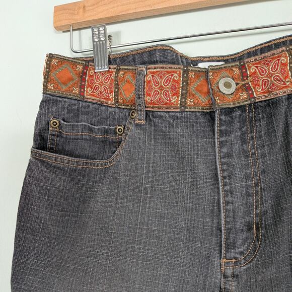 Y2K Cropped Jeans 14 Black Denim Capri Embroidered Boho Floral Ankle Tapestry - Picture 4 of 8